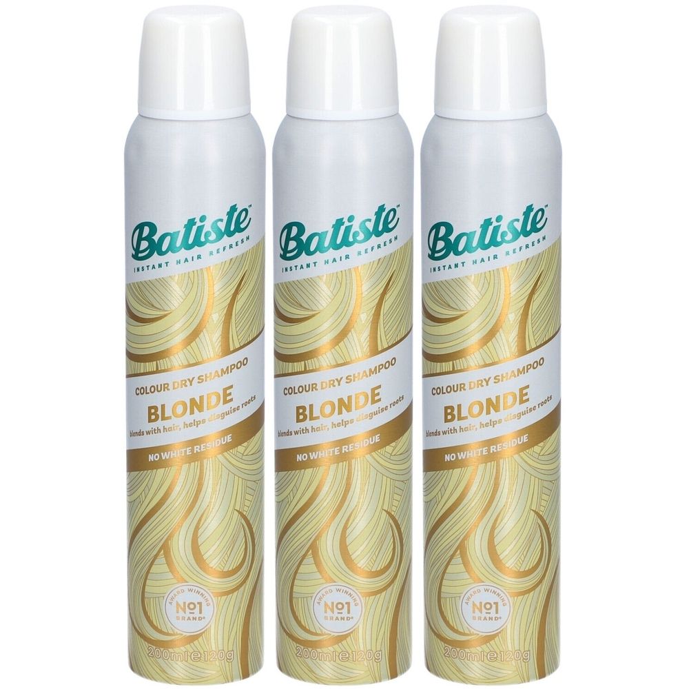 Drie spuitbussen droogshampoo. Witgouden verpakking met de tekst "Batiste" en "Blonde".