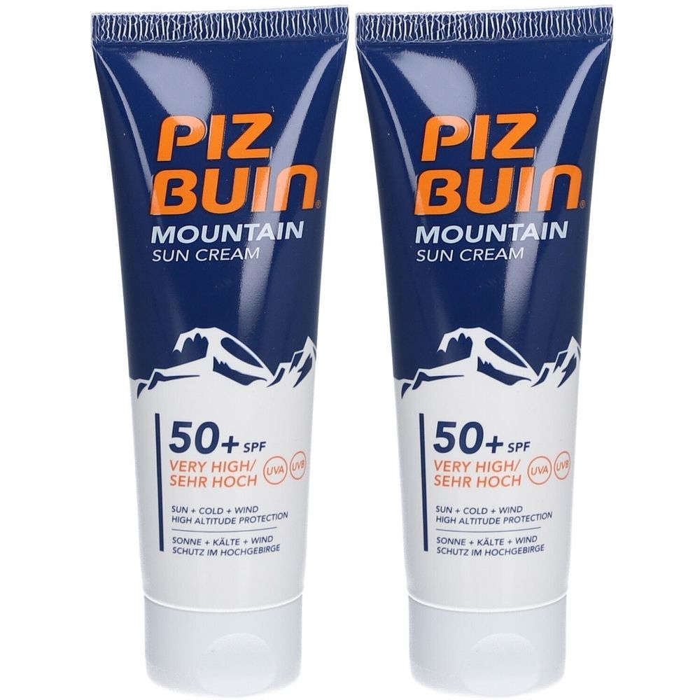 Twee tubes Piz Buin Mountain zonnecrème SPF50+. Blauwe tubes met witte tekst. Zeer hoge bescherming tegen zon, kou en wind.
