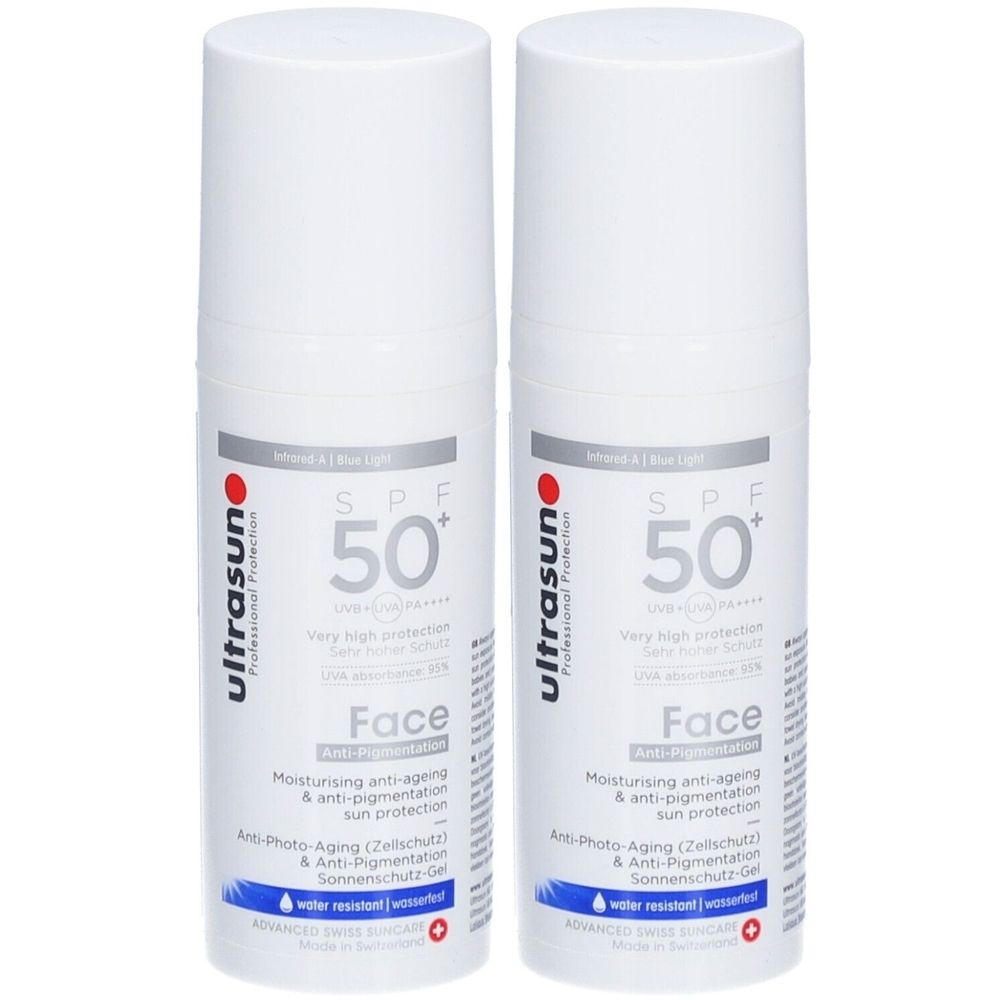 Deux flacons Ultrasun Face SPF50+ résistant à l'eau avec distributeur à pompe.