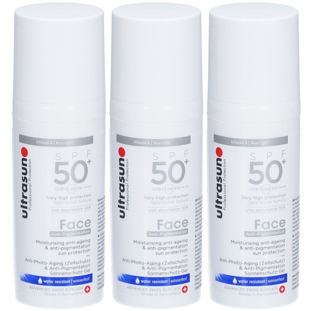 Trois flacons blancs de crème solaire SPF 50+. Inscription : Ultrasun, Face, anti-âge, anti-pigmentation. Résistant à l'eau.