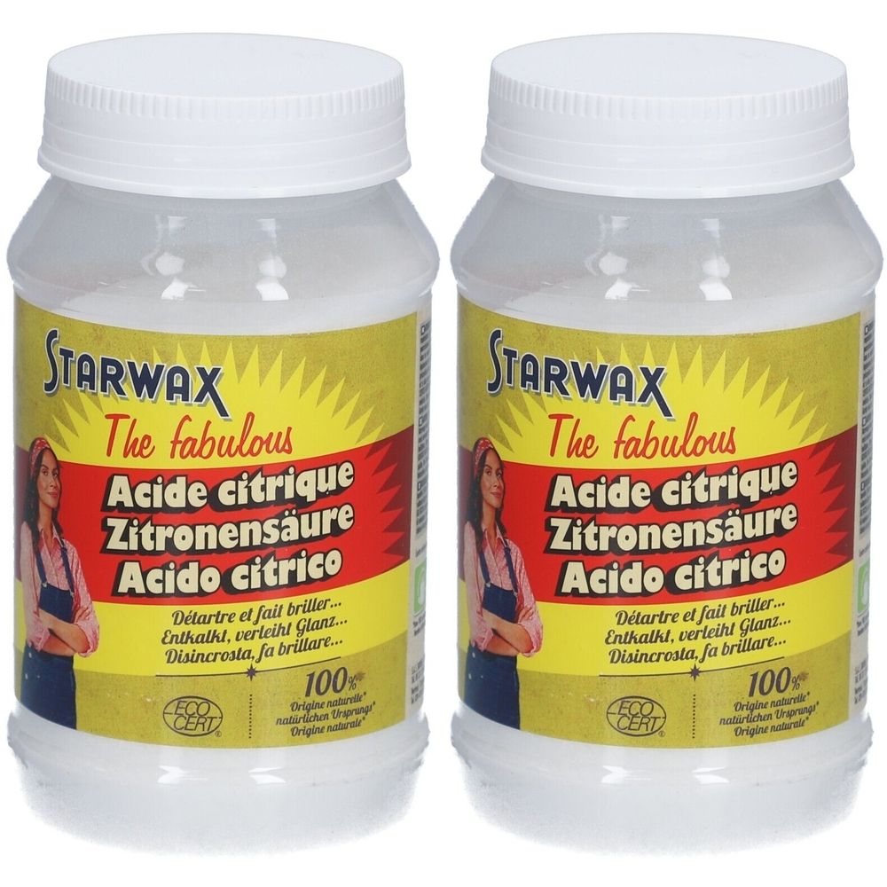 Twee witte flessen met schroefdop. Geel etiket met STARWAX, Acide citrique, Zitronensäure, Acido citrico. ECO CERT-logo.