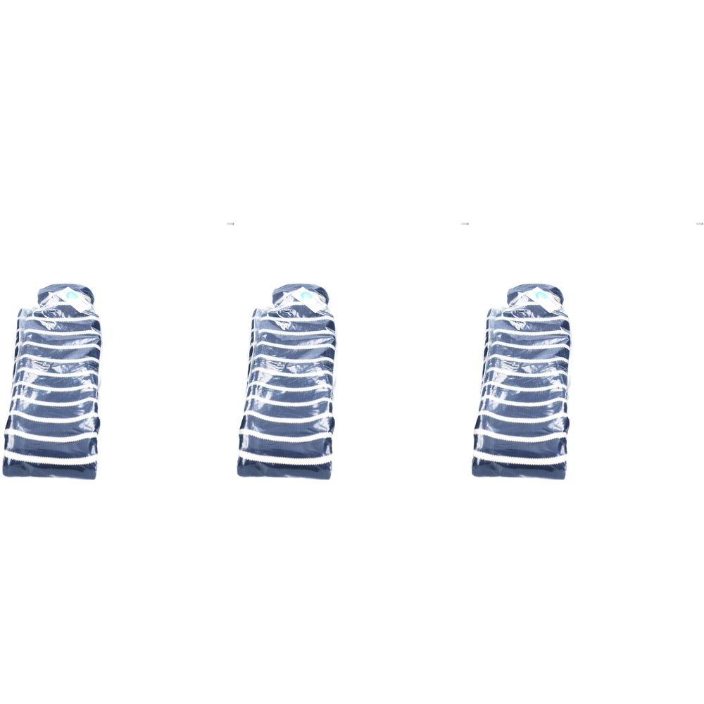 Drie warmwaterkruiken in marineblauw. Elke kruik heeft horizontale strepen en een schroefdop.