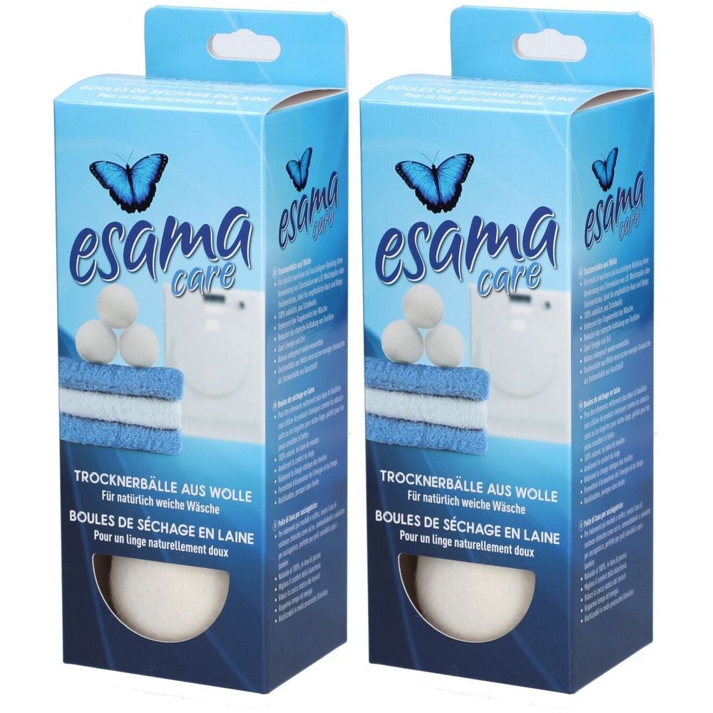 Deux boîtes de produit. Inscription : esama care. Boules de séchage en laine. Boîte bleue avec papillon et illustration du produit.