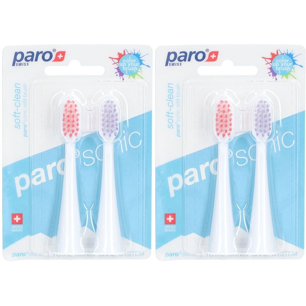 Twee verpakkingen paro® Sonic vervangende tandenborstelkoppen. Elke verpakking bevat twee borstelkoppen met gekleurde borstelharen.