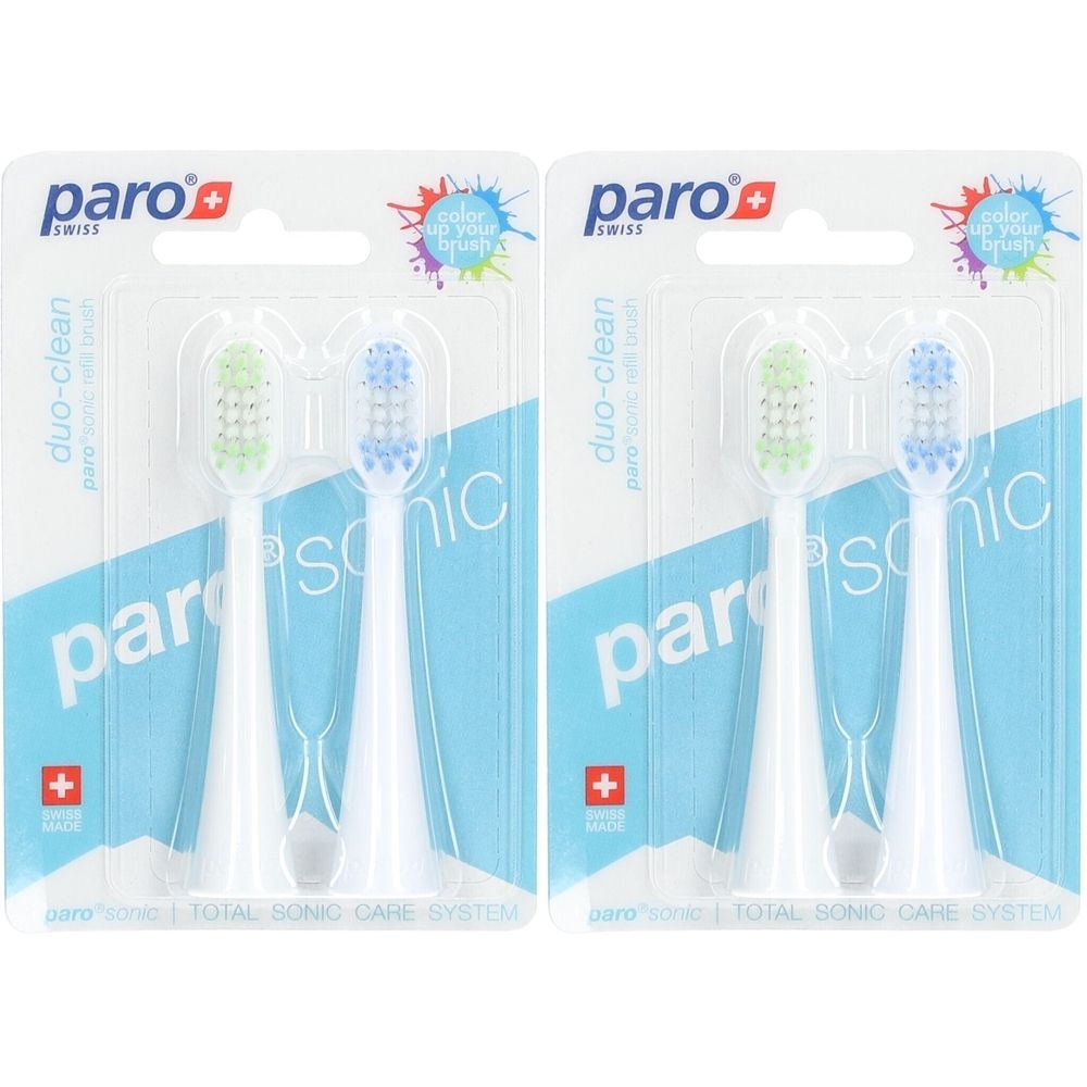 Deux têtes de brosse à dents dans un emballage blister. Manches blancs, soies colorées. Marque : paro swiss.