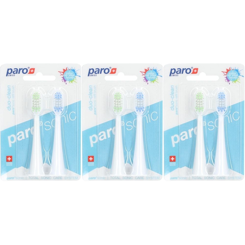 Trois paquets de têtes de brosse à dents de rechange paro® Duo-Clean. Têtes blanches avec soies vertes et bleues, en blister.