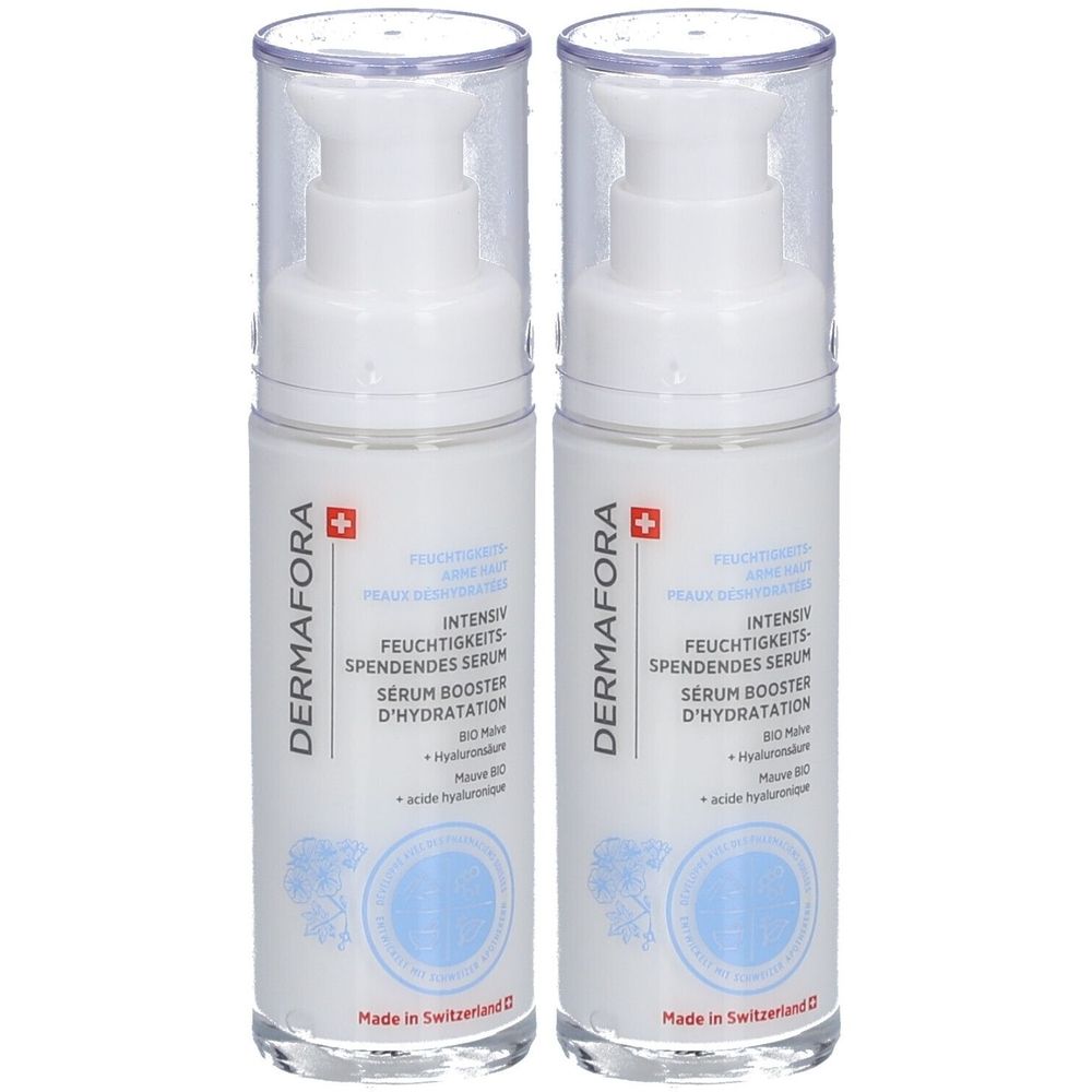 Twee witte flessen met pomp. Opschrift: DERMAFORA, Intensief hydraterend serum. Zwitsers kruis.