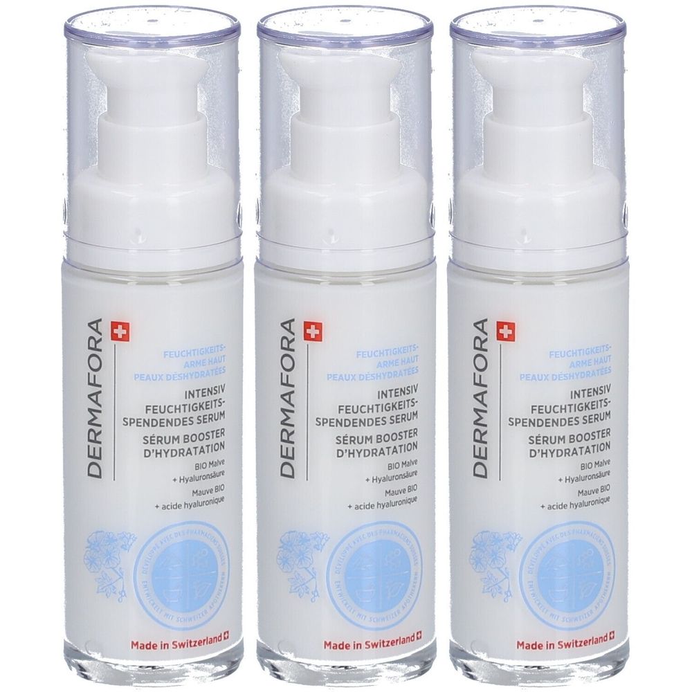 Drie witte flessen met pomp. Opschrift: DERMAFORA, Intensief hydraterend serum. Zwitsers kruis.