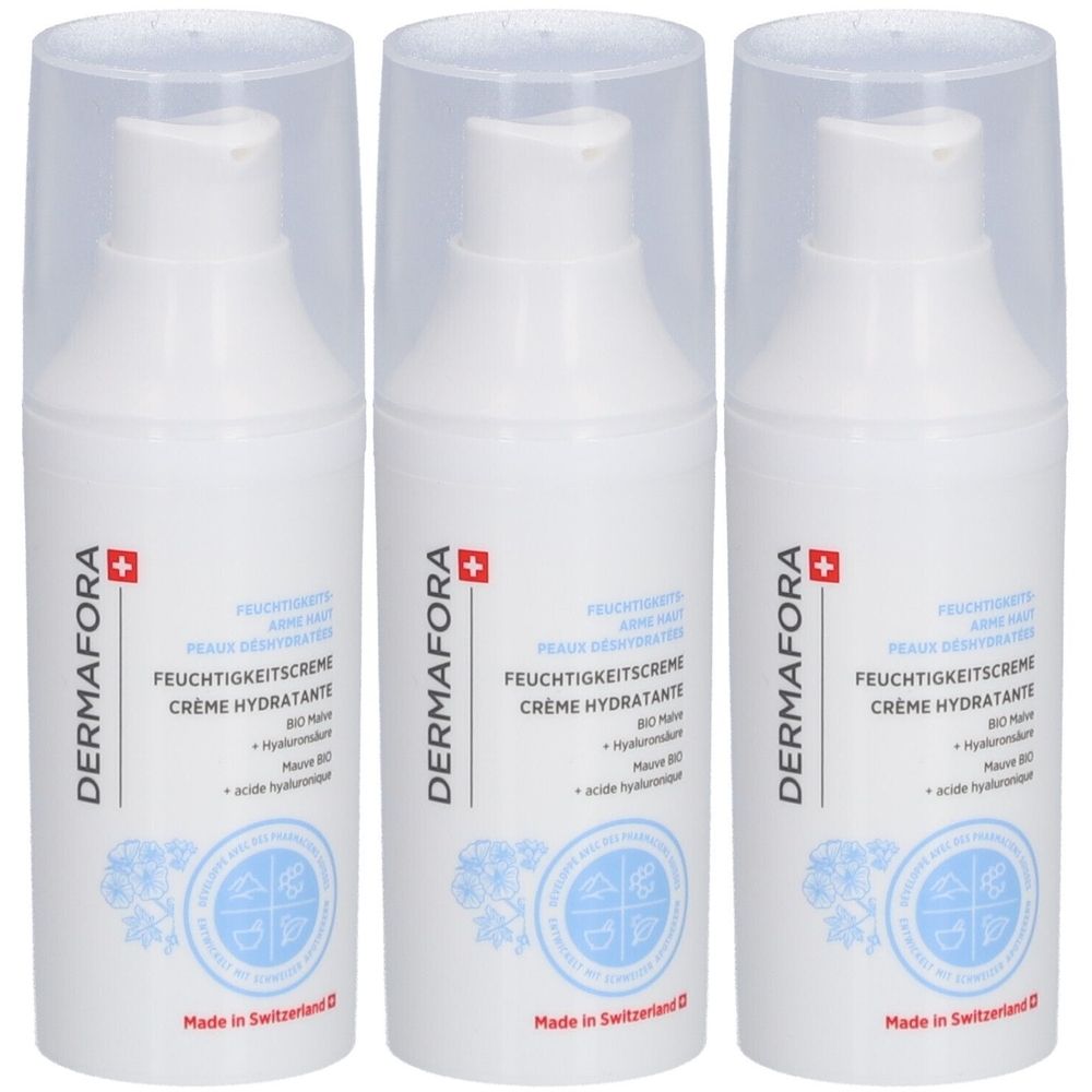 Drie witte flessen met transparante doppen. Op elke fles staat "DERMAFORA" en "Feuchtigkeitscreme". Gemaakt in Zwitserland.