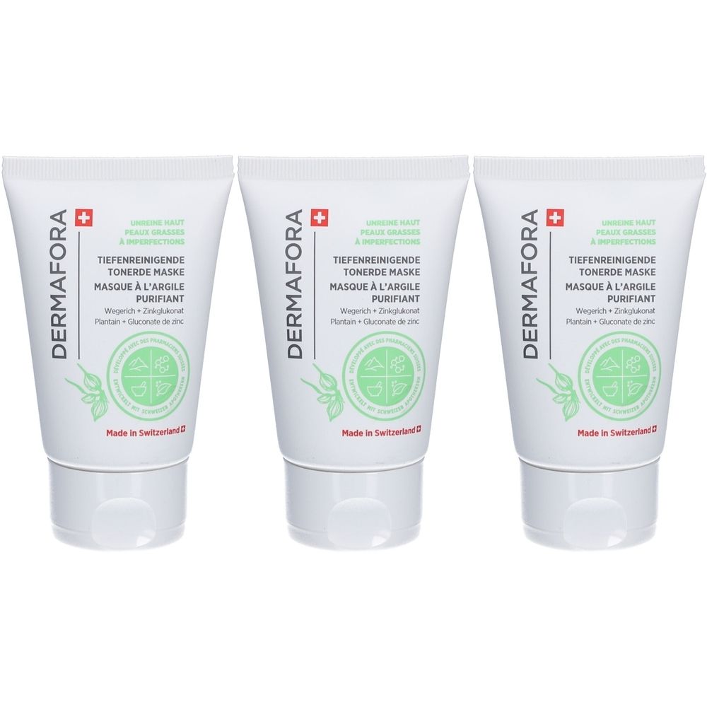 Drie tubes DERMAFORA diepreinigend kleimasker. Witte tubes met groene tekst en logo. Gemaakt in Zwitserland.