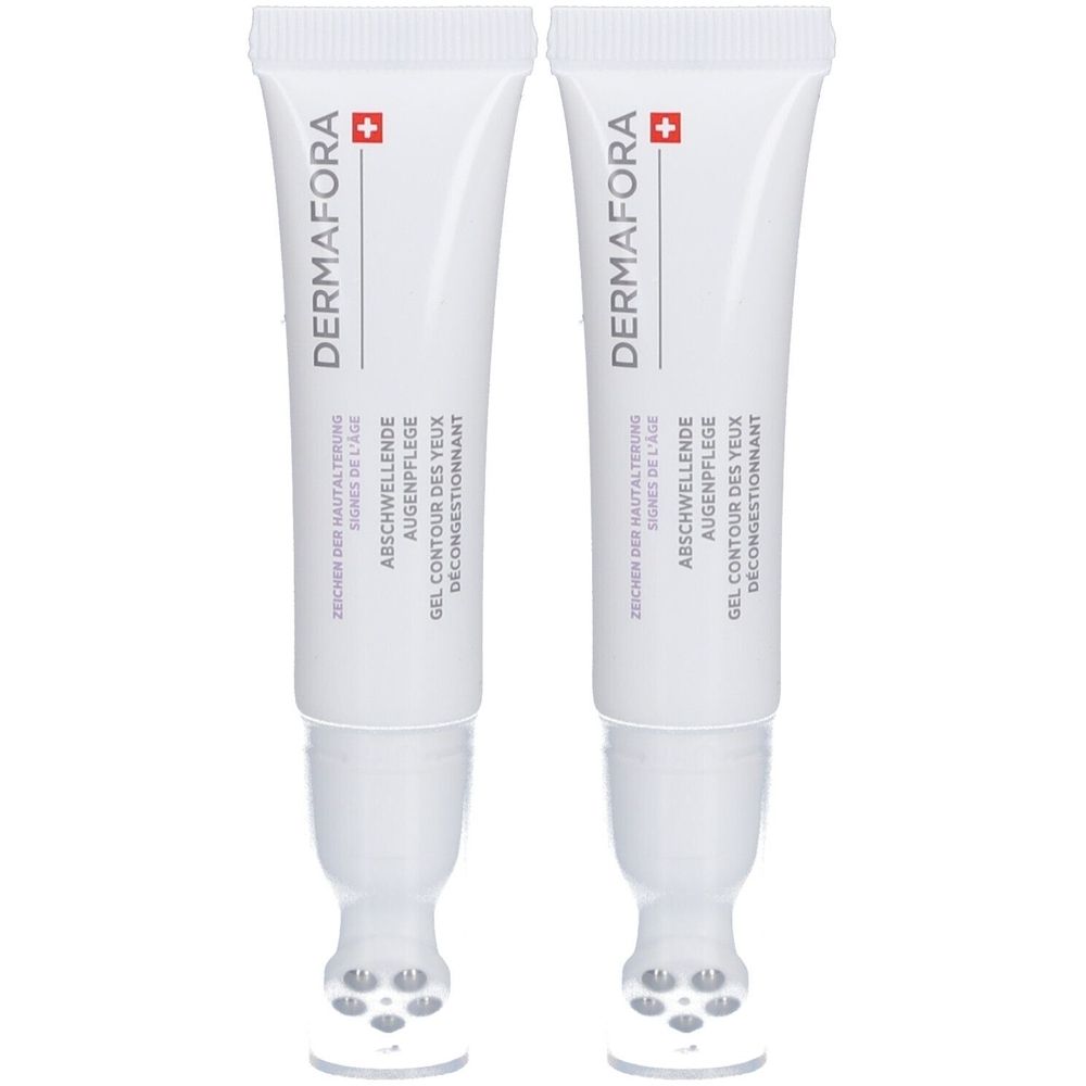 Deux tubes blancs avec applicateur roll-on.  "DERMAFORA" et "Gel contour des yeux décongestionnant" sont visibles.