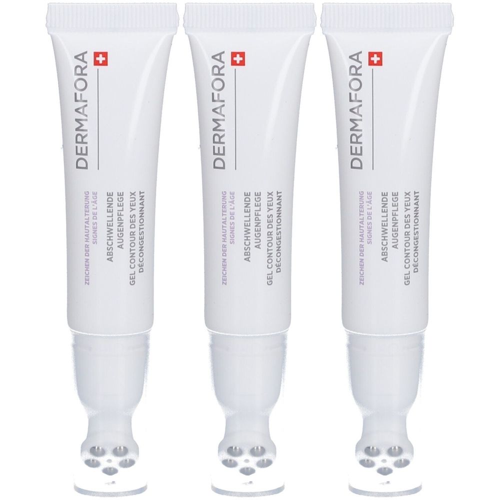 Drie tubes oogverzorging. Wit, met tekst en logo. Dermafora-logo en productnaam zichtbaar.