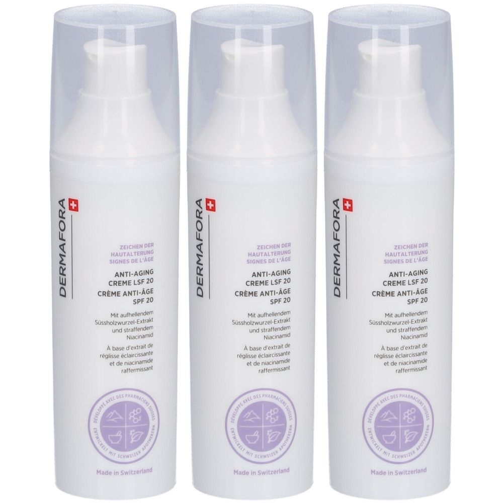 Trois flacons blancs avec des bouchons transparents. Chaque flacon porte l'inscription "DERMAFORA" et "ANTI-AGING CREME LSF 20".