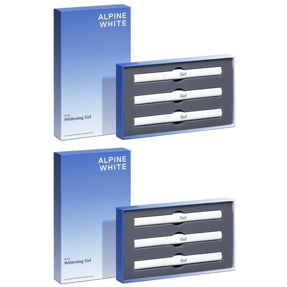 Twee verpakkingen Alpinweiß Le Gel Blanchissant. Blauwe dozen met witte pennen. Opschrift: ALPINE WHITE, Whitening Gel.
