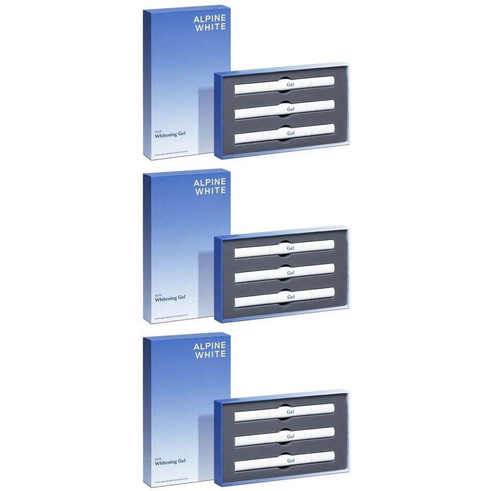 Drie productverpakkingen. Blauwe dozen met witte tekst ALPINE WHITE. Bleekgelstrips in grijze bakjes.