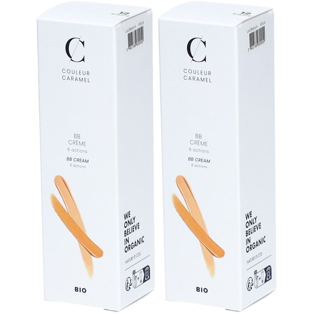 Twee witte dozen met opdruk. Opschrift: COULEUR CARAMEL BB Crème 6 actions. Bio-certificering. Tint Goldbeige.
