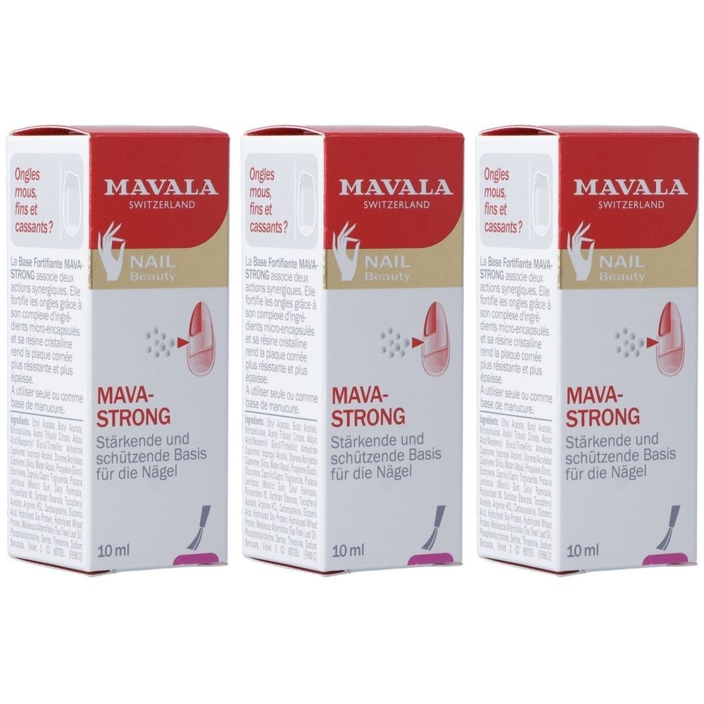 Trois boîtes de MAVALA Mava-Strong. Emballage rouge et blanc avec nom et logo du produit. 10 ml.