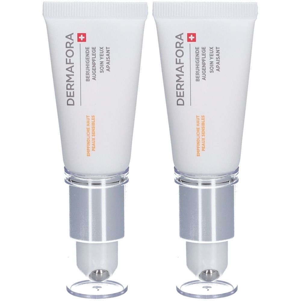 Twee witte tubes met zilveren applicators. Opschrift: DERMAFORA, Beruhigende Augenpflege, Soin Yeux Apaisant.