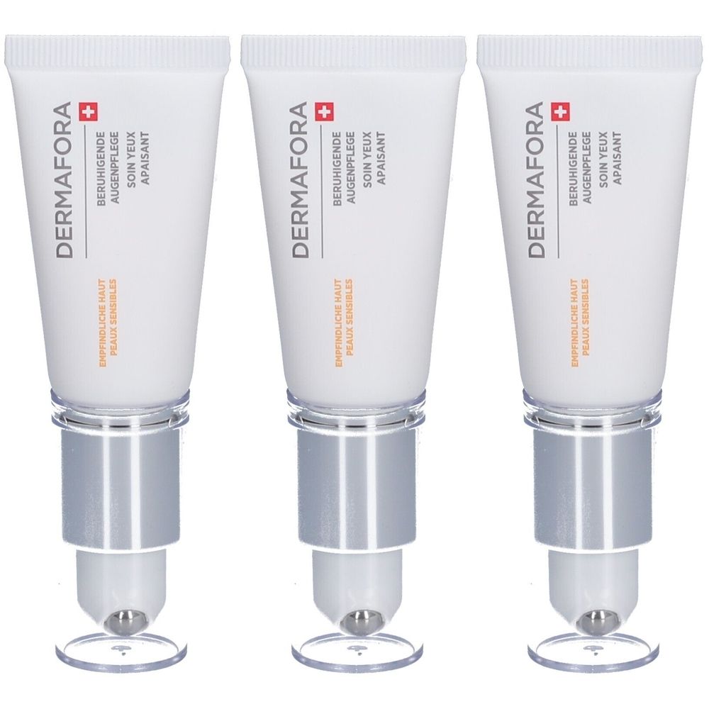 Trois tubes de soin pour les yeux avec applicateur roll-on. Inscription: DERMAFORA, Beruhigende Augenpflege, Soin Yeux Apaisant. Croix suisse.