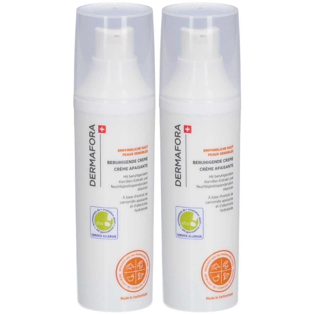 Twee witte pompflessen met transparante doppen. Opschrift: DERMAFORA, Beruhigende Creme. Logo's en tekst in het Duits en Frans.