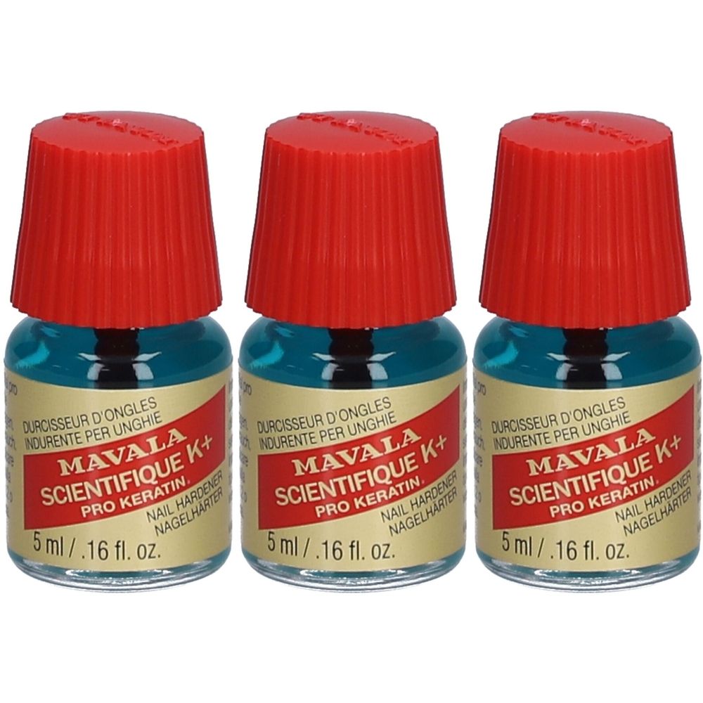 Trois flacons de durcisseur d'ongles avec bouchon rouge. Inscription : Mavala Scientifique K+ Pro Keratin. Contenu : 5 ml.