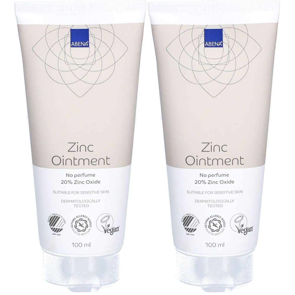 Twee tubes zinkzalf. Opschrift: ABENA, Zinc Ointment, 20% zinkoxide, dermatologisch getest, vegan. 100 ml.