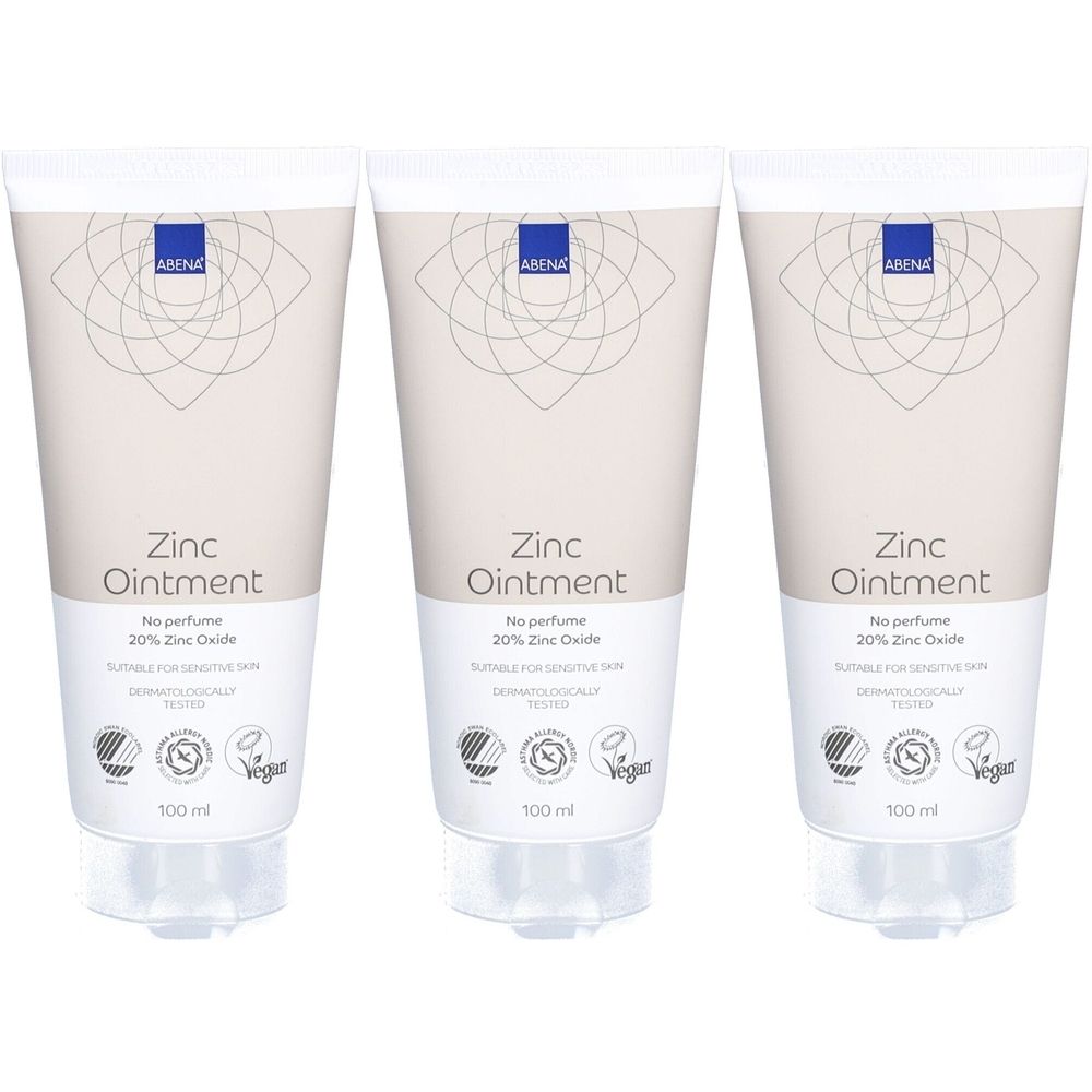 Drie tubes zinkzalf. Op elke tube staat "Zinc Ointment", "No perfume", "20% Zinc Oxide". Onderaan staat "100 ml".