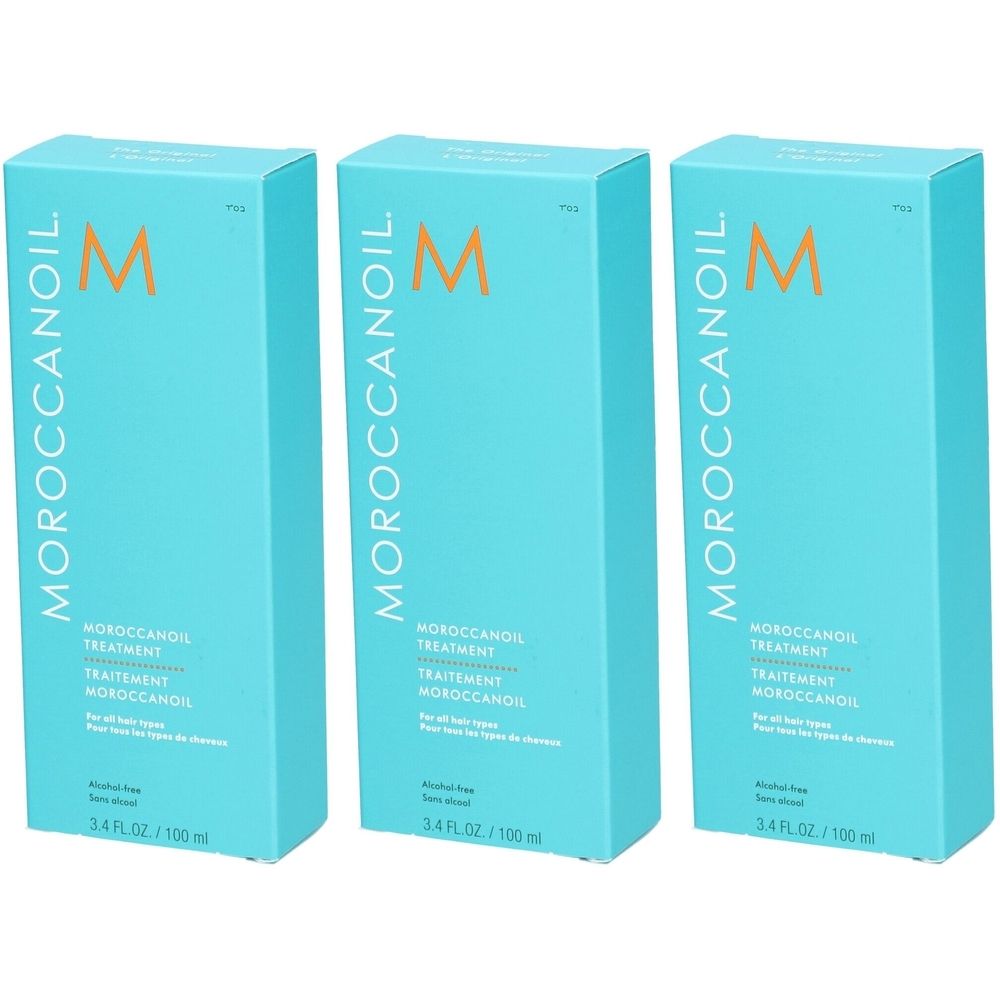 Trois boîtes turquoise avec le logo MOROCCANOIL. Chaque boîte affiche "Treatment" et "3.4 FL. OZ / 100 ml".