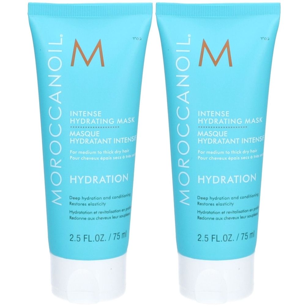 Deux tubes bleus avec texte blanc. Inscription: Moroccanoil, Intense Hydrating Mask. 2.5 FL.OZ./75ml.