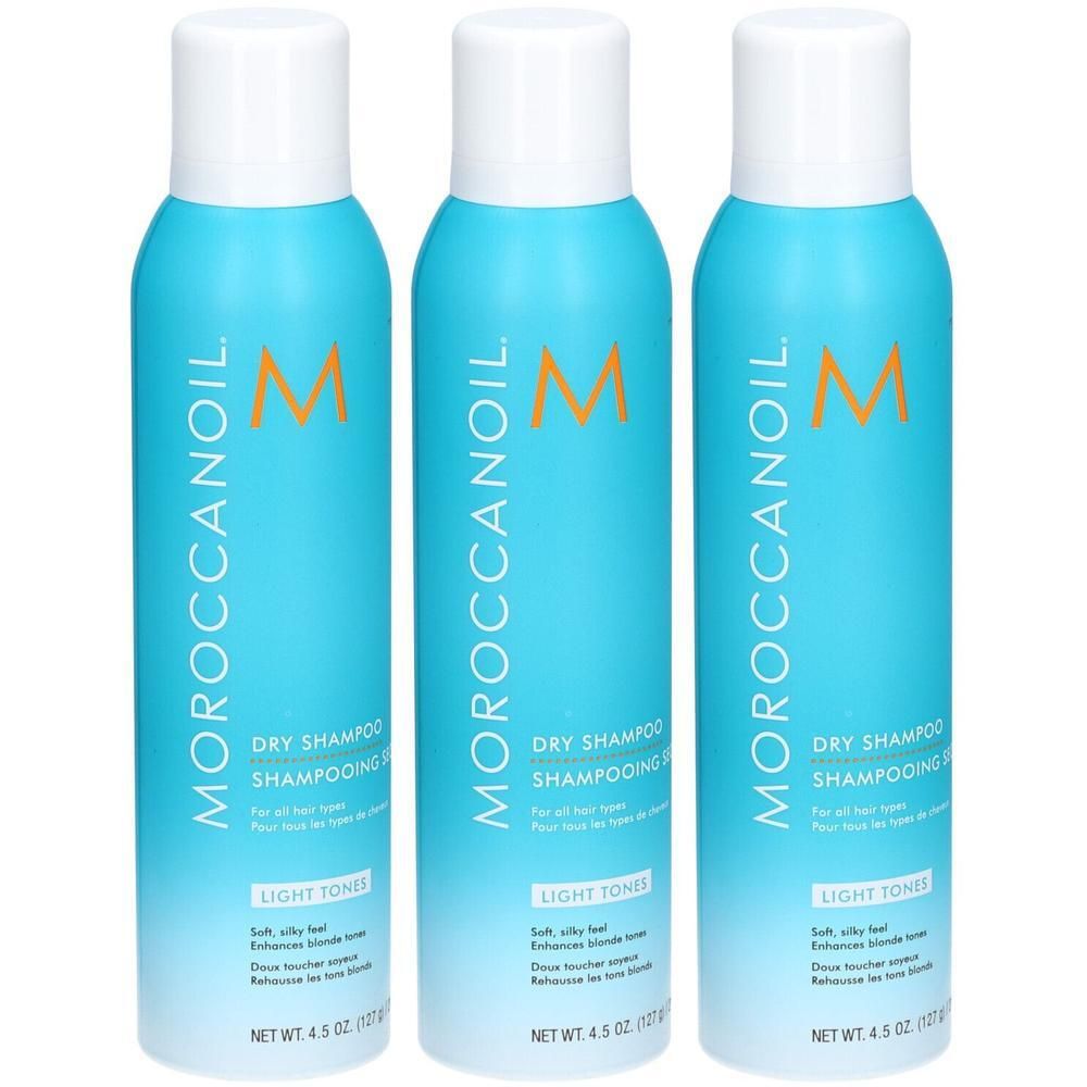 Drie bussen Moroccanoil droogshampoo voor lichte tinten. Elke bus bevat 127g.