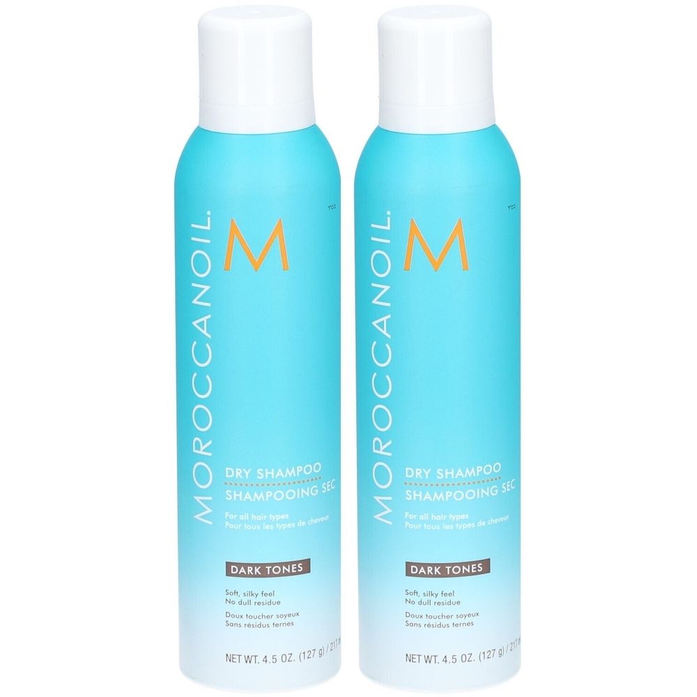 Deux aérosols de shampoing sec Moroccanoil pour tons foncés. 127g chacun.