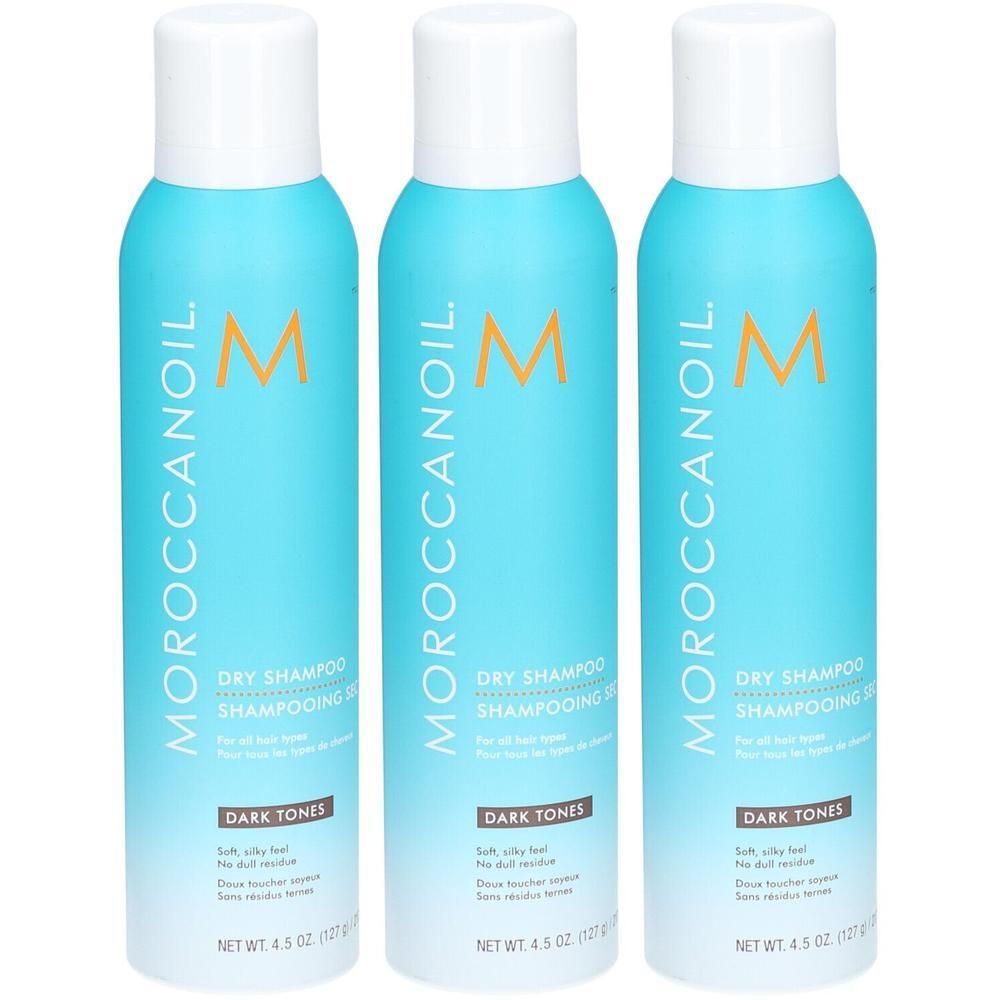Drie flessen Moroccanoil droogshampoo voor donkere tinten. 4,5 oz (127 g) per fles.