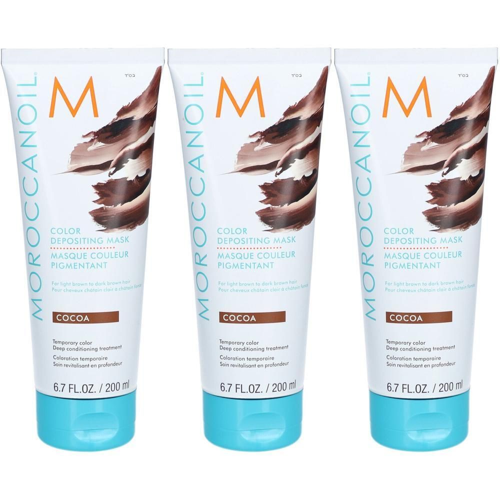 Drie tubes Moroccanoil Pigmentkleurmasker Cocoa, 200 ml.