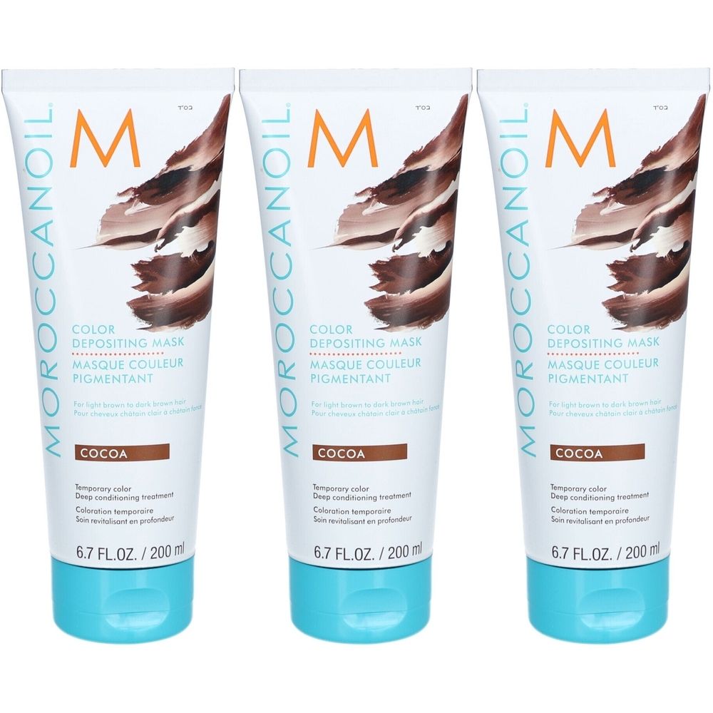 Trois tubes de Masque Couleur Pigmentant Cocoa Moroccanoil, 200 ml.