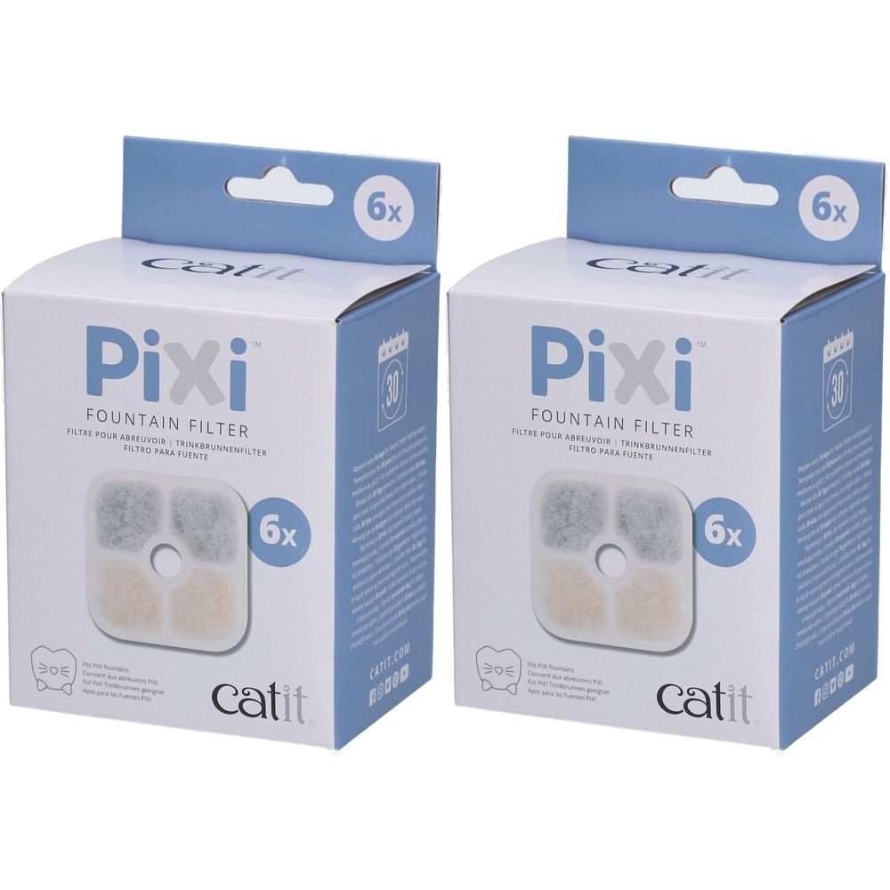 Twee verpakkingen met Pixi Fountain filters, 6 stuks. Merk catit. Vierkantige filters met verschillende kleuren.