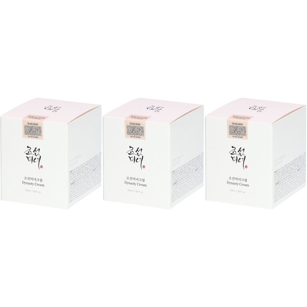 Drie vierkante, witte productverpakkingen. Op elke verpakking staan tekens en de tekst "Dynasty Cream".