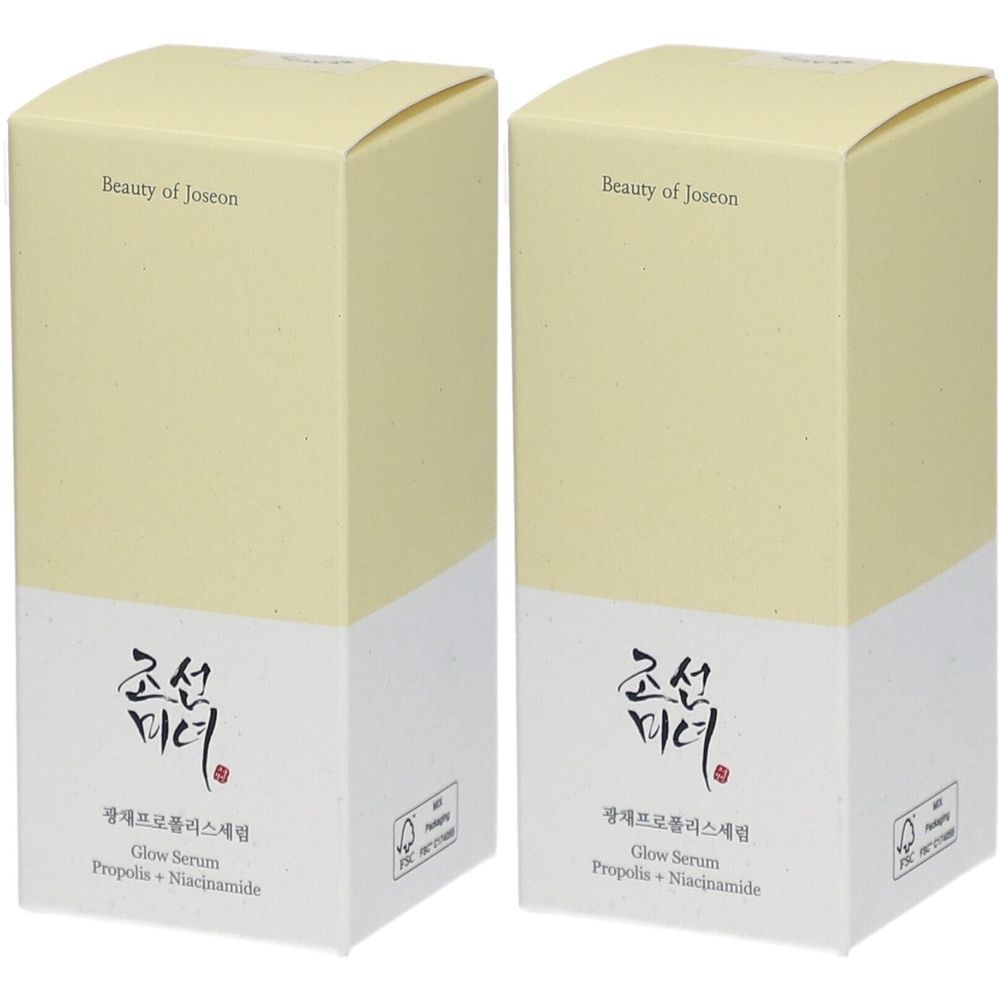 Twee rechthoekige dozen. Opschrift: Beauty of Joseon, Koreaanse karakters, Glow Serum Propolis + Niacinamide.