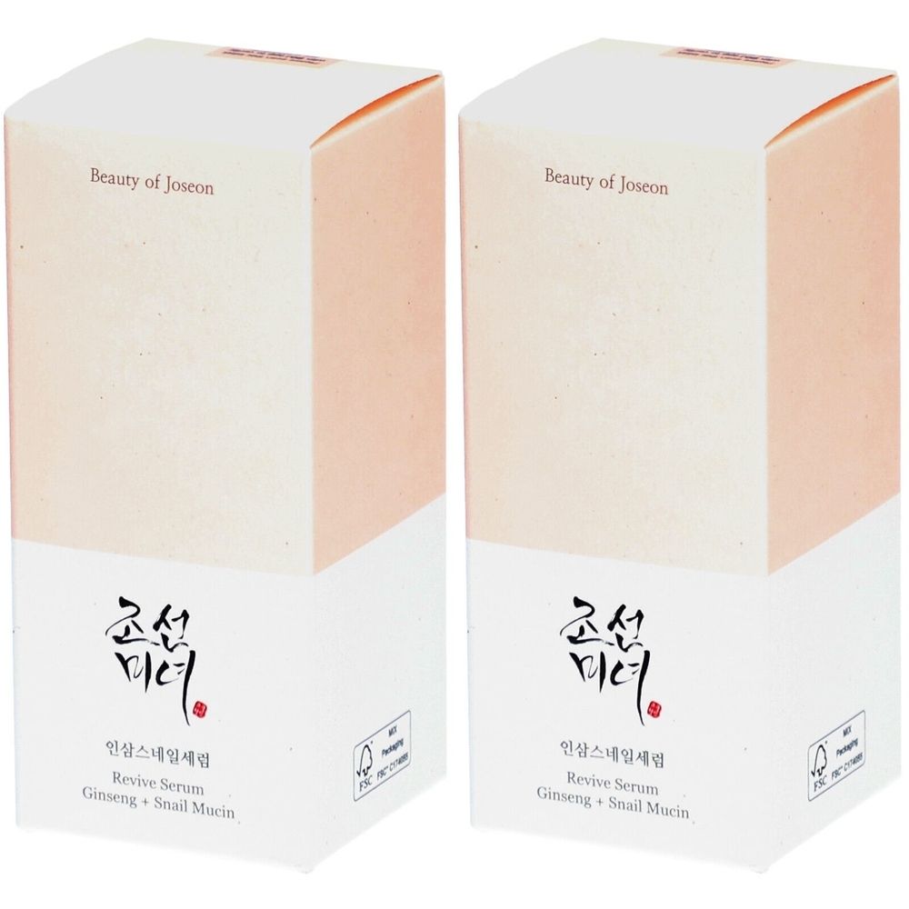 Twee rechthoekige productverpakkingen. Opschrift: Beauty of Joseon, Revive Serum Ginseng + Snail Mucin. FSC-logo.