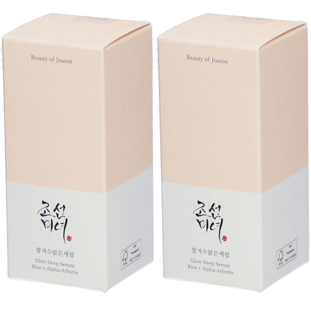 Twee rechthoekige dozen. Opschrift: Beauty of Joseon, Koreaanse karakters, Glow Deep Serum, Rice + Alpha-Arbutin. Beige en wit.