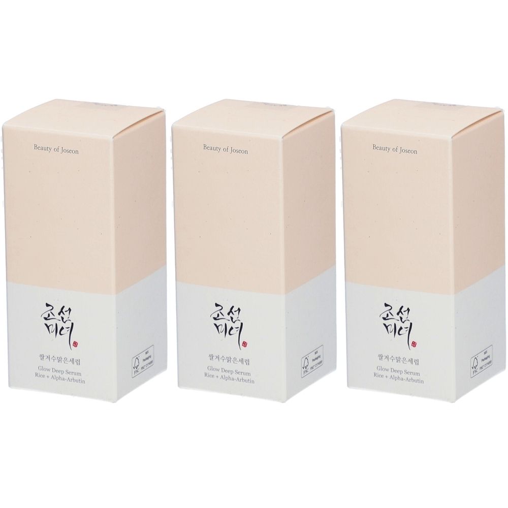 Trois boîtes rectangulaires. Haut rose clair, bas blanc. Inscriptions noires et coréennes. "Beauty of Joseon" visible.