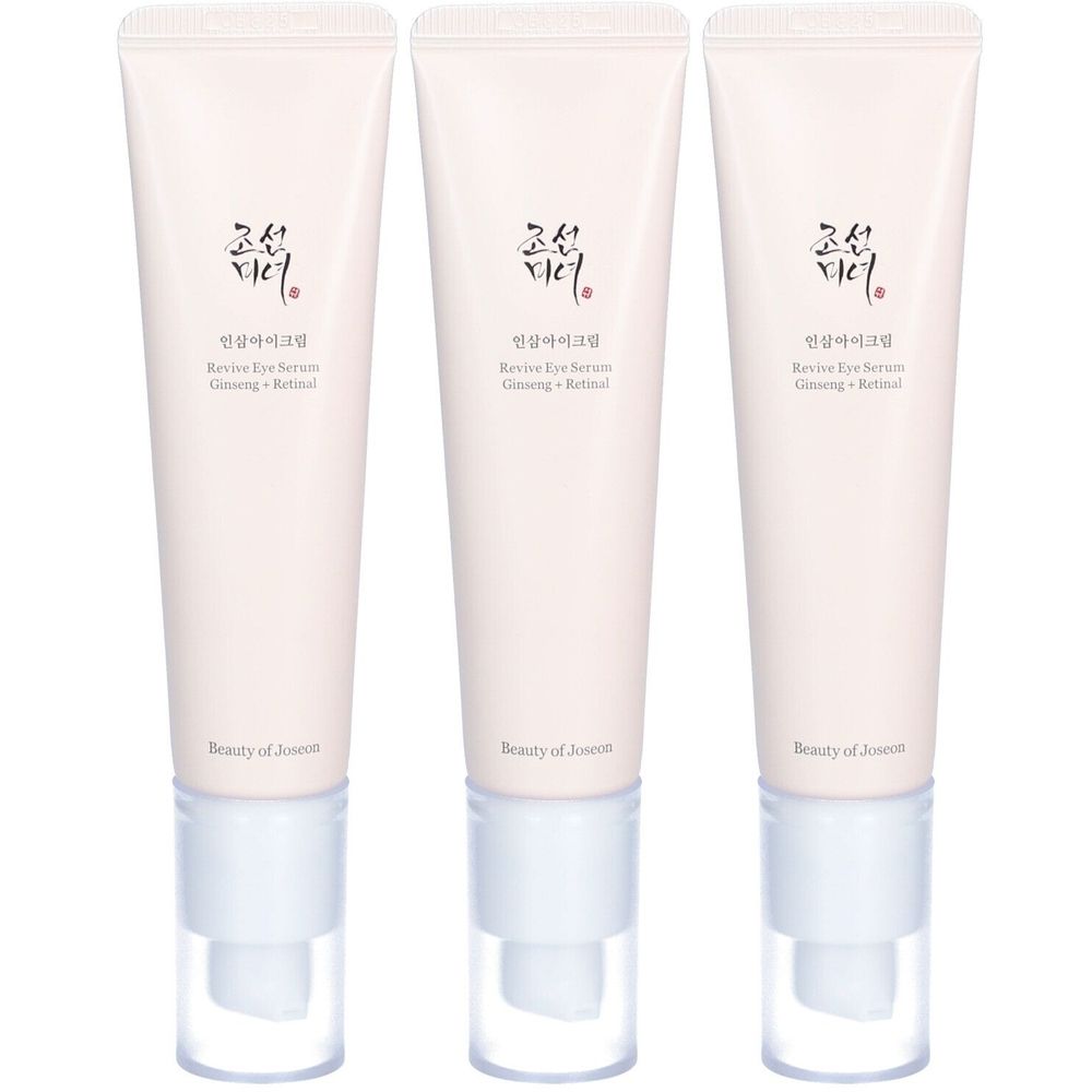 Drie tubes BEAUTY OF JOSEON Revive Eye Serum Ginseng Netzhaut. Lichtroze tubes met witte doppen. Zwarte tekst.