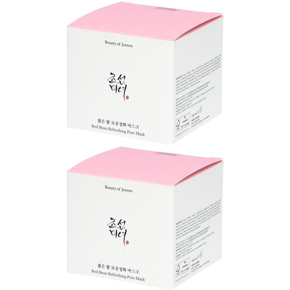 Deux boîtes carrées avec couvercles roses. Inscription : Beauty of Joseon, caractères coréens, Red Bean Refreshing Pore Mask.