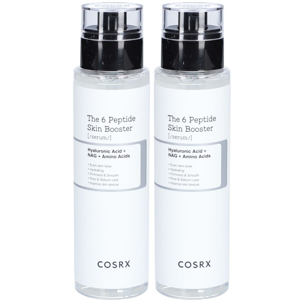 Twee flessen serum. Opschrift: The 6 Peptide Skin Booster. Bevat hyaluronzuur, NAG en aminozuren. Merk: COSRX.