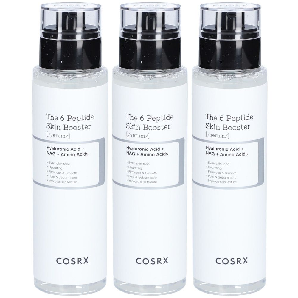 Trois flacons de sérum transparent. Chaque flacon porte l'inscription "The 6 Peptide Skin Booster" et "COSRX".