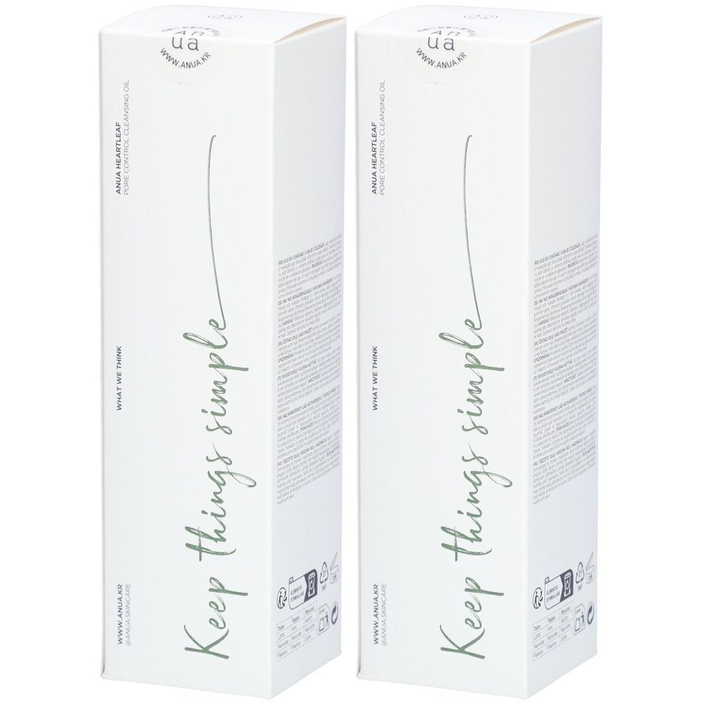 Twee witte productverpakkingen. Opschrift: ANUA Heartleaf Pore Control Cleansing Oil. Tekst: Keep things simple.