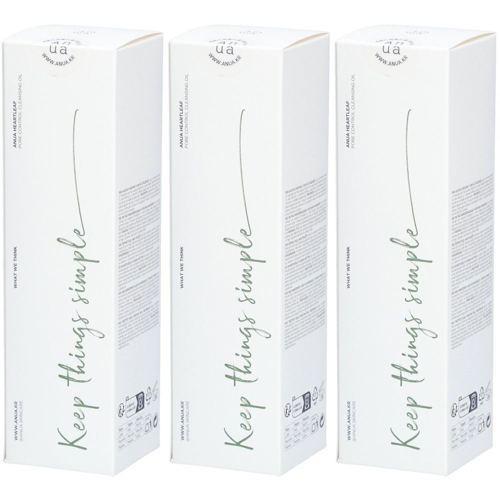 Drie witte productverpakkingen. Opschrift: Keep things simple. Logo: ua. Tekst: ANUA HEARTLEAF PORE CONTROL.
