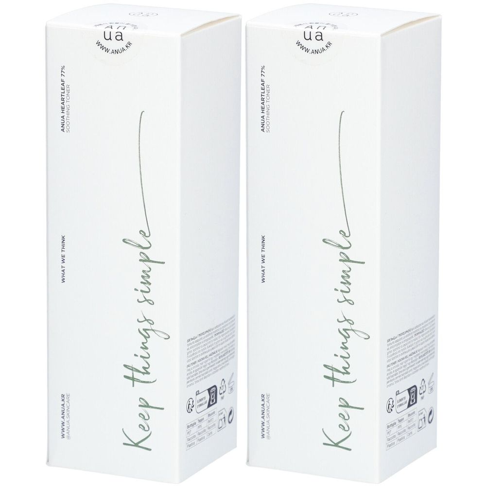 Twee witte dozen met tekst. Opschrift: ANUA HEARTLEAF 77% SOOTHING TONER. Tekst: Keep things simple.