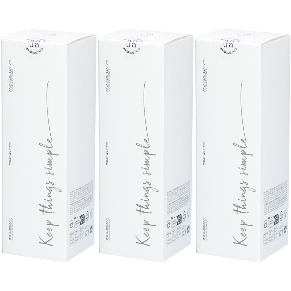 Drie witte productverpakkingen met groene tekst "Keep Things Simple". Logo "ua" linksboven.