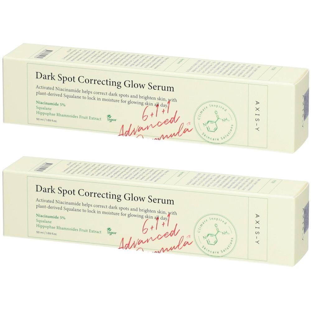 Twee rechthoekige dozen. Opschrift: Dark Spot Correcting Glow Serum. AXIS-Y logo. Tekst en illustraties.