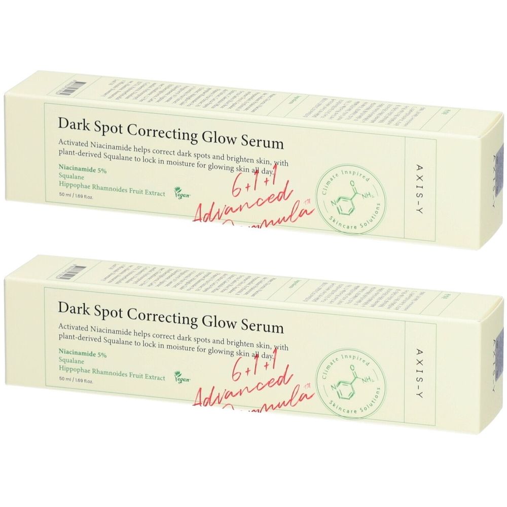 Twee rechthoekige dozen. Opschrift: Dark Spot Correcting Glow Serum. Merk: AXIS-Y. Ingrediënten en certificeringen zichtbaar.